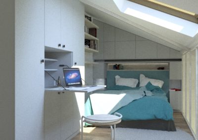Décoration Appartement à Suresnes - Simulation 3D - Etage - La chambre et son bureau escamotable dans les rangements, par Béatrice Elisabeth, Décoratrice UFDI à Neuilly et Paris