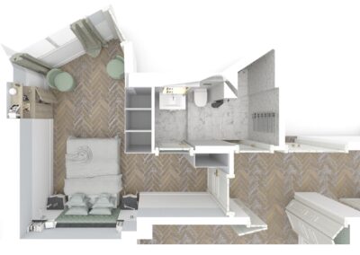Appartement de style à Paris 7ème - Simulation 3D pour le plan de la salle de bain attenante à la chambre Invité, par Béatrice Elisabeth, Décoratrice UFDI à Neuilly et Paris